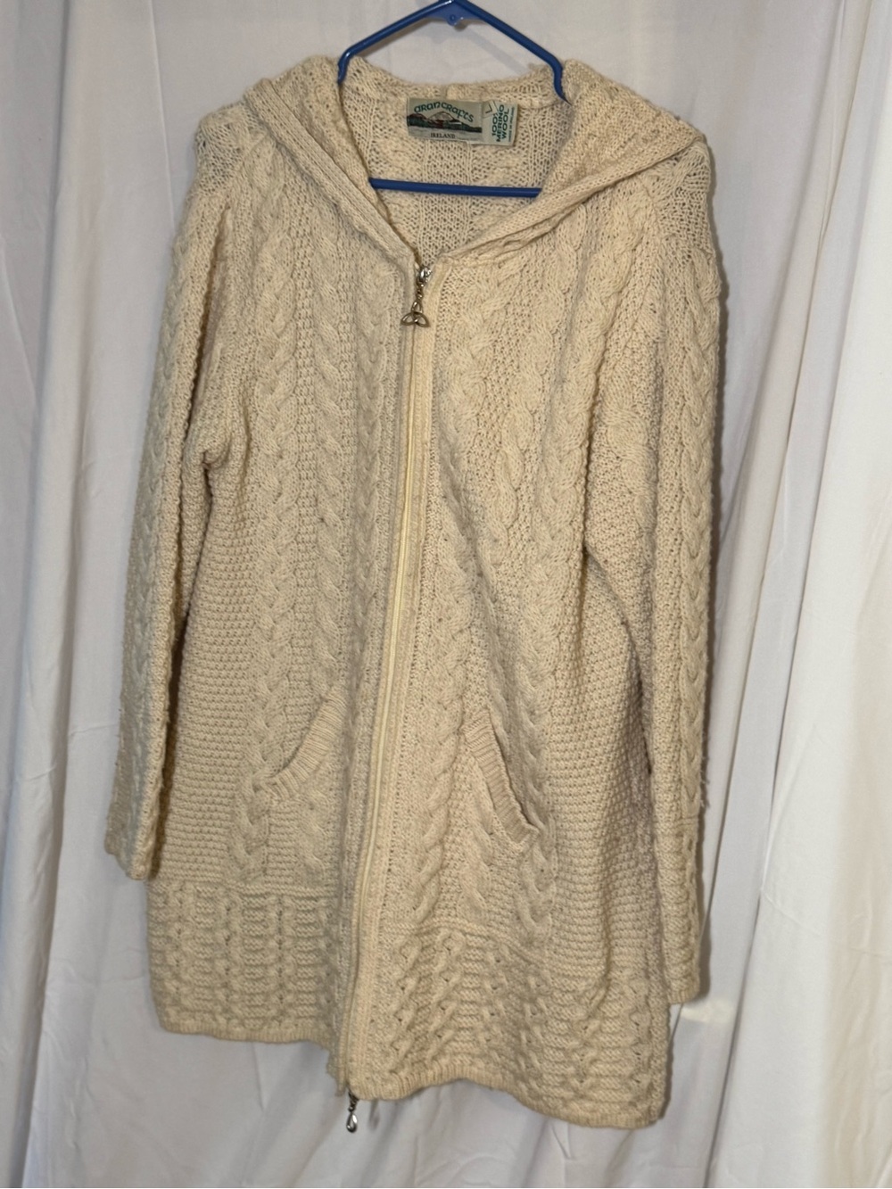 Aran Crafts Cream Cable Knit Hooded Zip Cardigan. Made in Ireland. Double zipper
